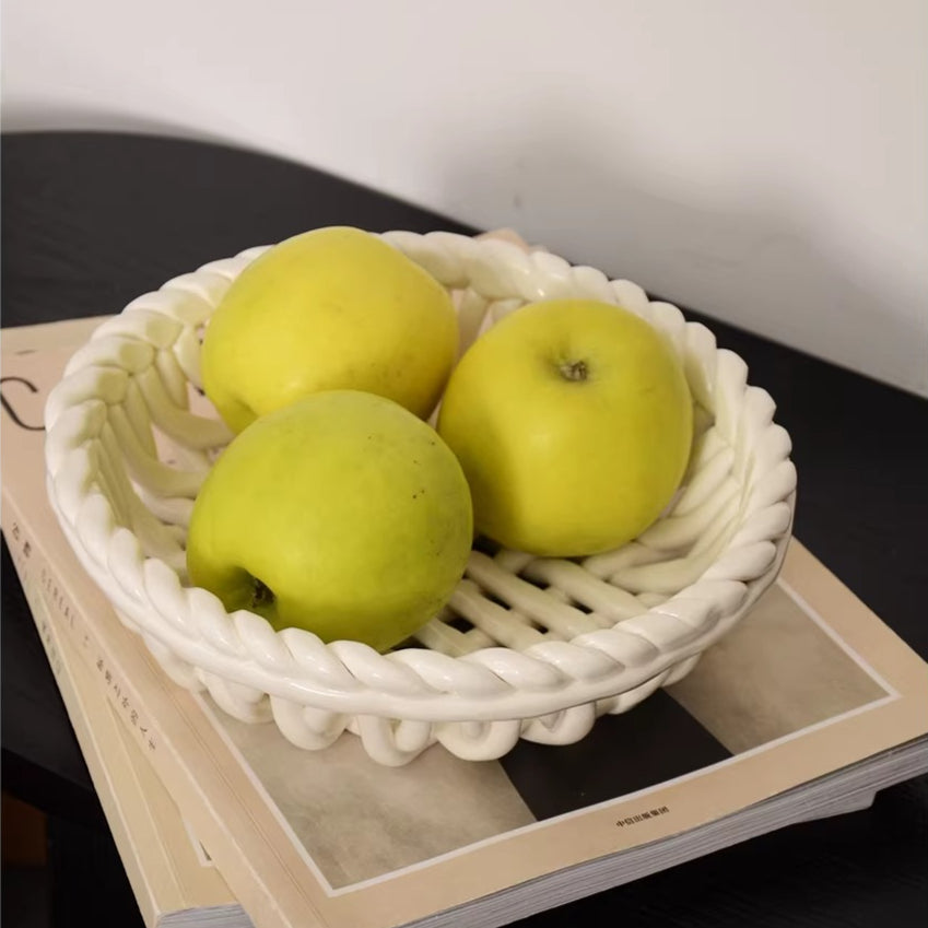 Artisanal Hand-Woven Ceramic Basket | Vintage White Lattice Fruit & Bread Bowl