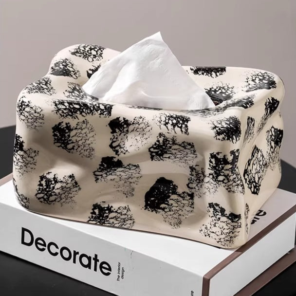Boîte à mouchoirs en céramique ondulée tache d’encre abstraite | Décor monochrome moderne