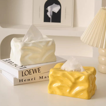 Sculptural "Crinkled Paper" Ceramic Tissue Box | Modern Art Decor
