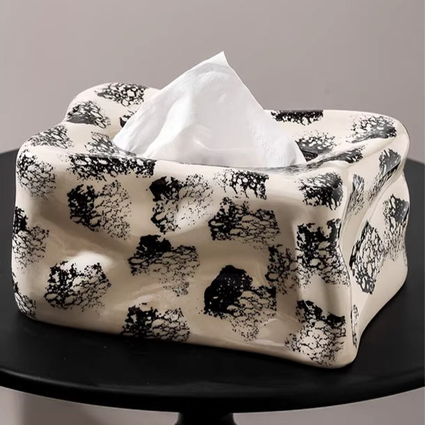 Boîte à mouchoirs en céramique ondulée tache d’encre abstraite | Décor monochrome moderne