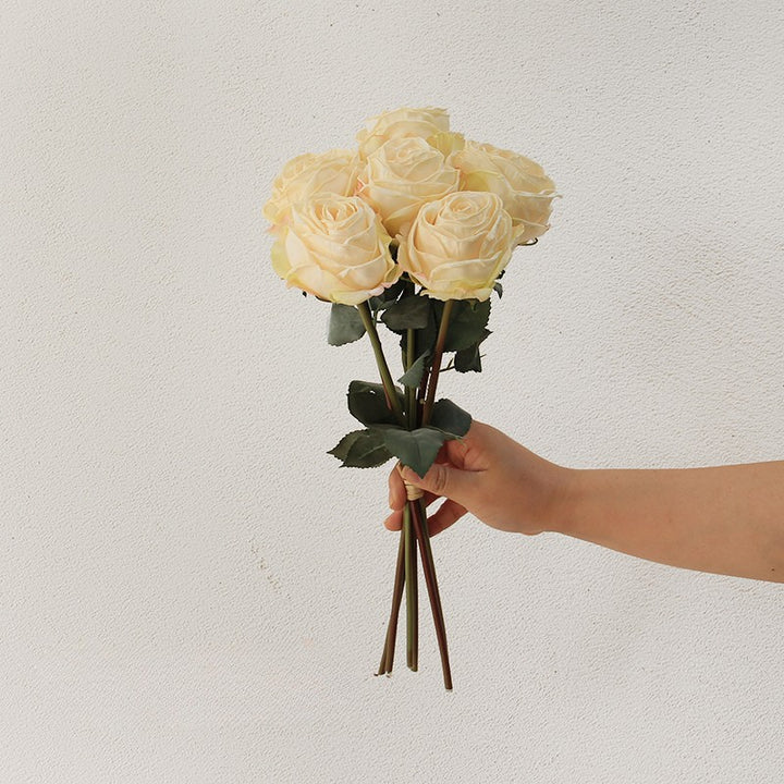 Cream garden rose bouquet held upright by hand, featuring layered petals with pale yellow centers and dark green leaves.