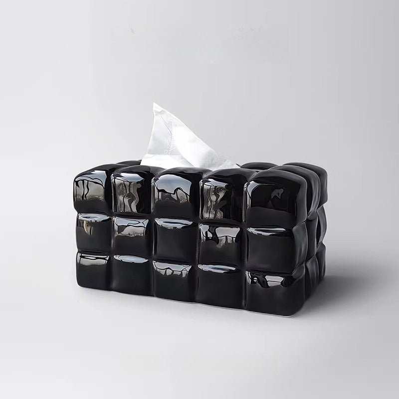 Sculptural Waffle Grid Ceramic Tissue Box | Modern Pop Art Decor