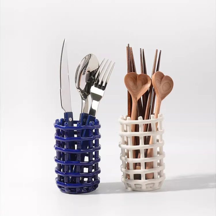 Hand-Finished Woven Lattice Ceramic Caddy | Modern Mesh Organizer