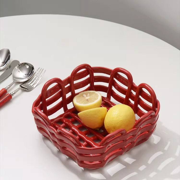 Handgewebter quadratischer Keramikkorb | Moderne geometrische Obst- & Brotschale