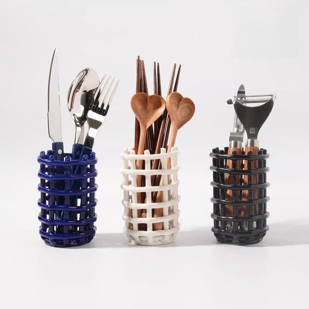 Hand-Finished Woven Lattice Ceramic Caddy | Modern Mesh Organizer