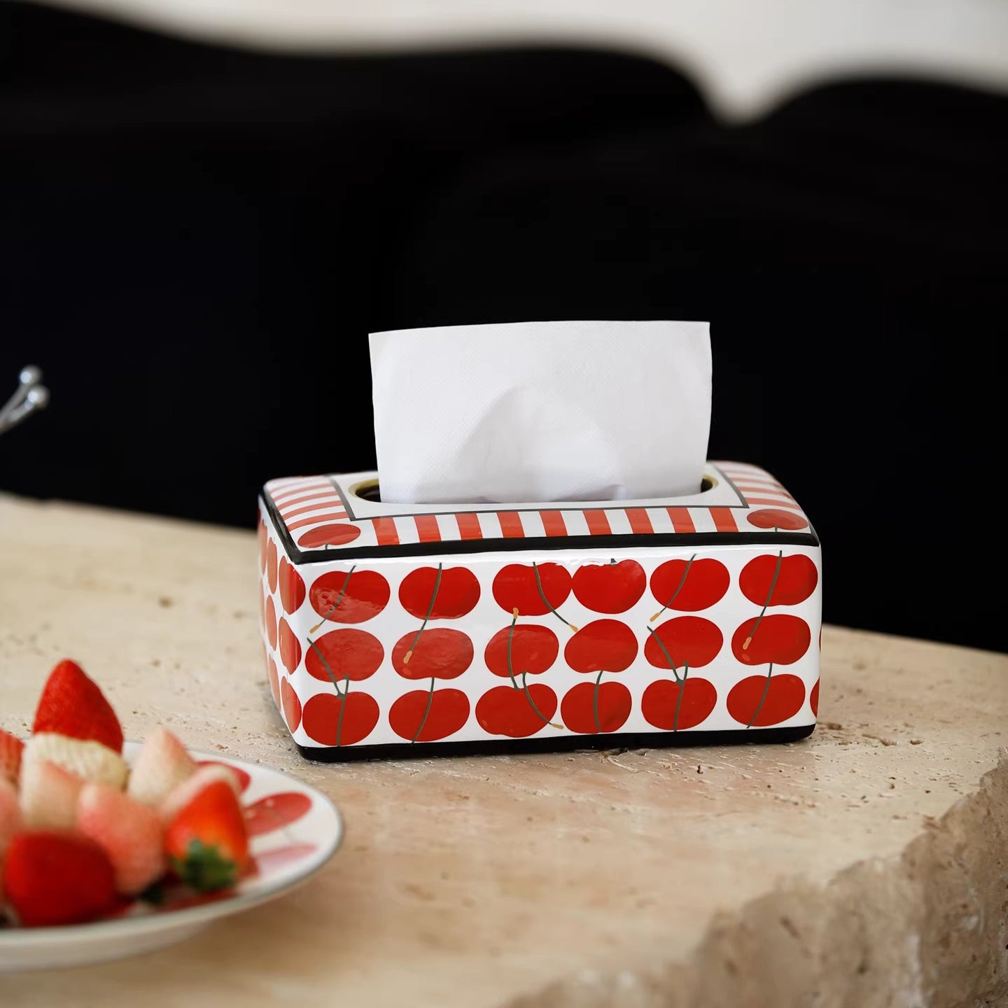 Boîte à mouchoirs en céramique cerise rétro | Distributeur Pop Art rayé