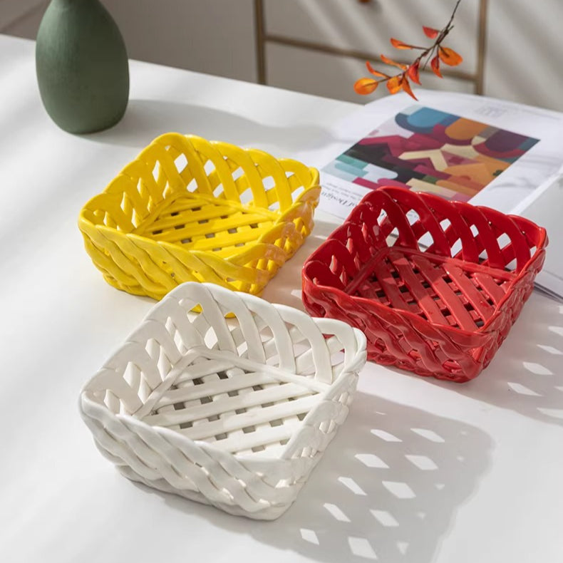 Sculptural Woven Ceramic Square Fruit Basket | Post-Modern Pop Art