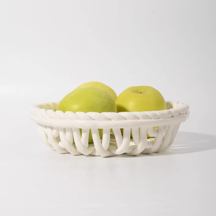 Artisanal Hand-Woven Ceramic Basket | Vintage White Lattice Fruit & Bread Bowl