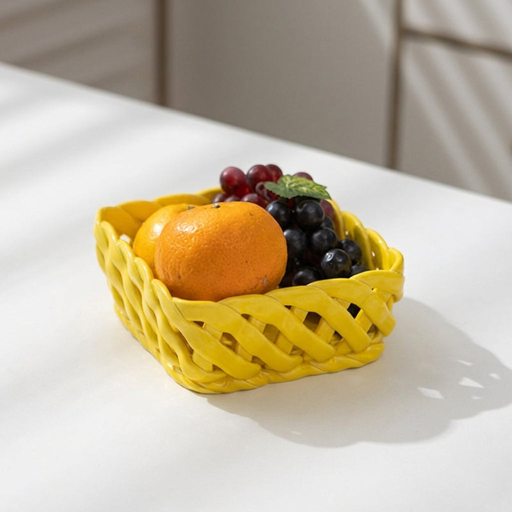 Sculptural Woven Ceramic Square Fruit Basket | Post-Modern Pop Art
