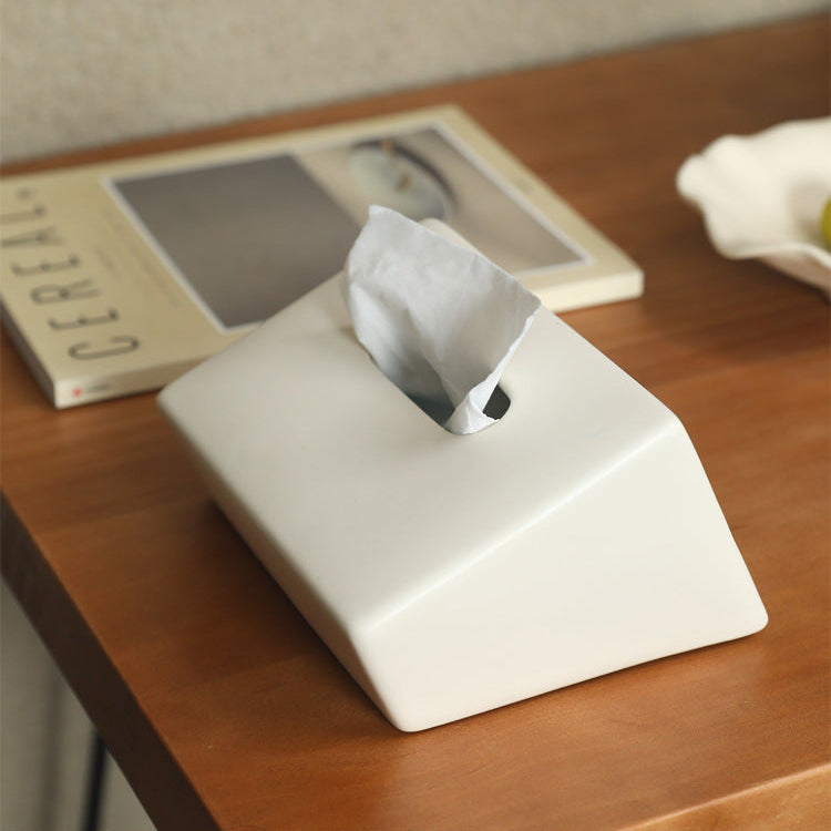 Modern Sloped Ceramic Tissue Box | Geometric Architectural Decor