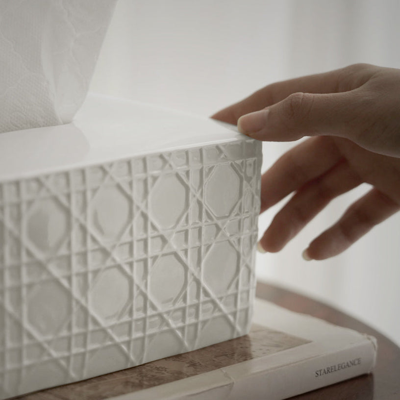 Matte Cannage Ceramic Tissue Box Cover | Parisian Rattan Effect