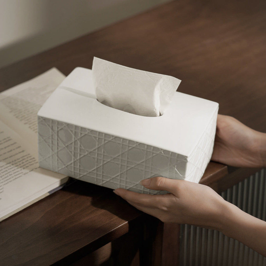 Matte Cannage Ceramic Tissue Box Cover | Parisian Rattan Effect