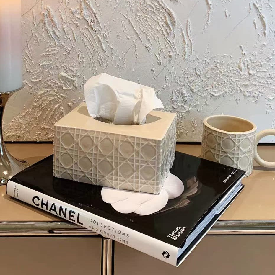 Matte Cannage Ceramic Tissue Box Cover | Parisian Rattan Effect