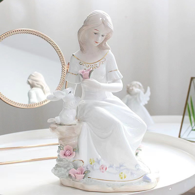 Romantic Lady with Rabbit Porcelain Figurine | Hand-Painted Classical Statue