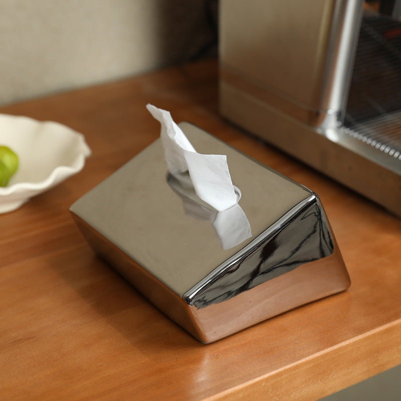 Modern Sloped Ceramic Tissue Box | Geometric Architectural Decor
