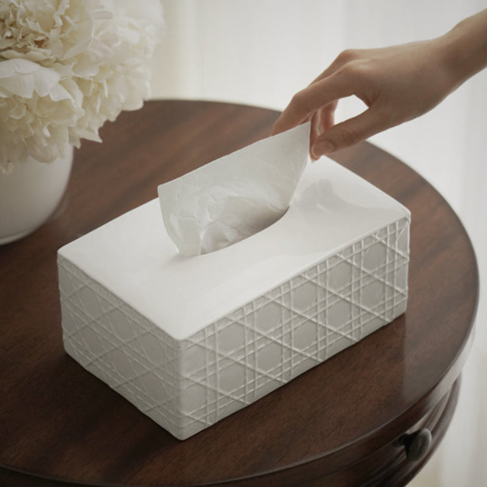 Matte Cannage Ceramic Tissue Box Cover | Parisian Rattan Effect