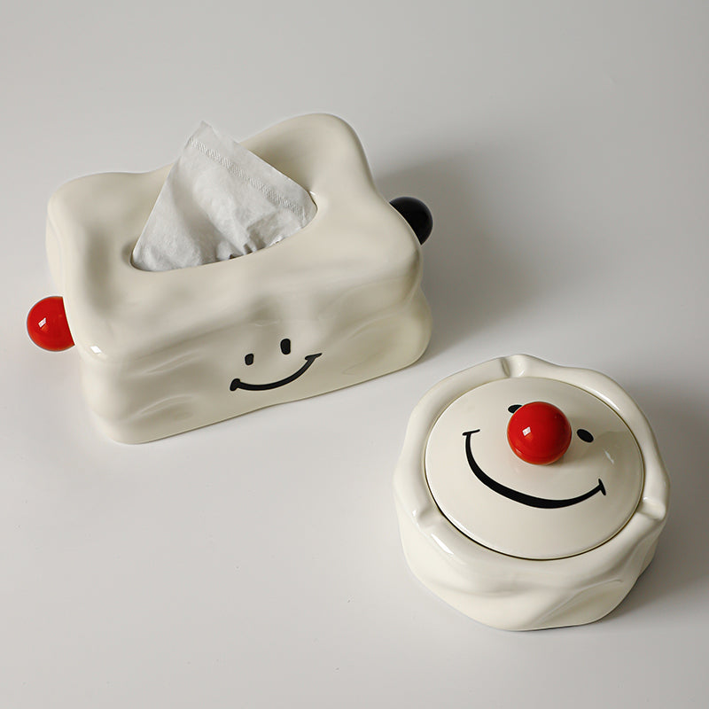 Minimalist Smiley Face Tissue Box Cover | Modern Quirky Ceramic Decor