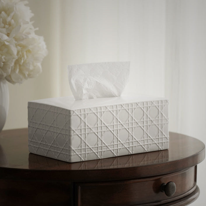 Matte Cannage Ceramic Tissue Box Cover | Parisian Rattan Effect