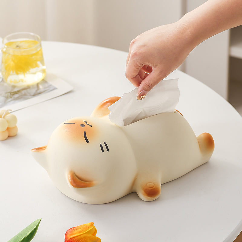 Cute Laying Down Cat Tissue Box Cover | Quirky Ceramic Home & Desk Decor