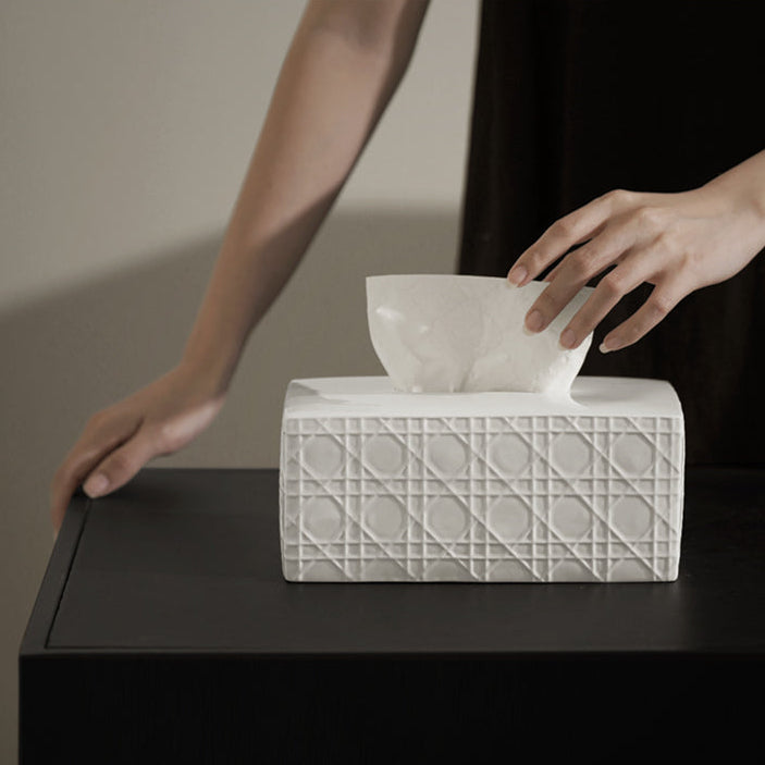 Matte Cannage Ceramic Tissue Box Cover | Parisian Rattan Effect