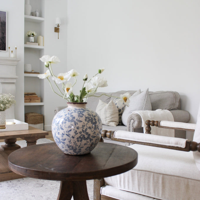 French Country Blue and White Floral Vase | Rustic Ceramic Ginger Jar