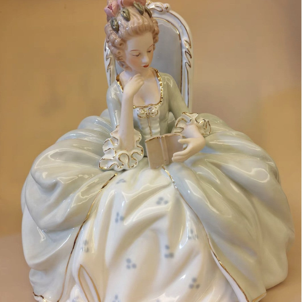 Rococo Style Reading Lady Porcelain Figurine | Hand-Painted Classical Statue
