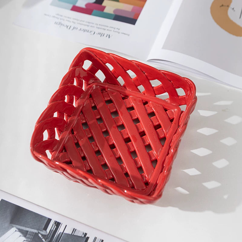 Sculptural Woven Ceramic Square Fruit Basket | Post-Modern Pop Art