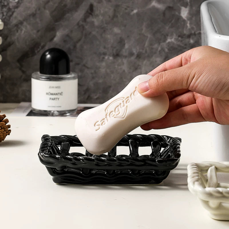 Panier à savon en céramique bord tressé | Porte-savon tissé brillant