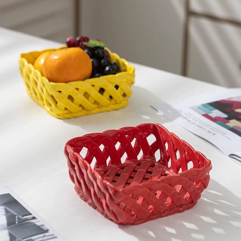 Sculptural Woven Ceramic Square Fruit Basket | Post-Modern Pop Art