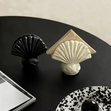 Artisan Scalloped Shell Ceramic Napkin Holder | Sculptural Ocean Decor