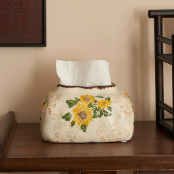 Vintage Sunflower Ceramic Tissue Box Cover | Artisan Crackle Glaze Decor