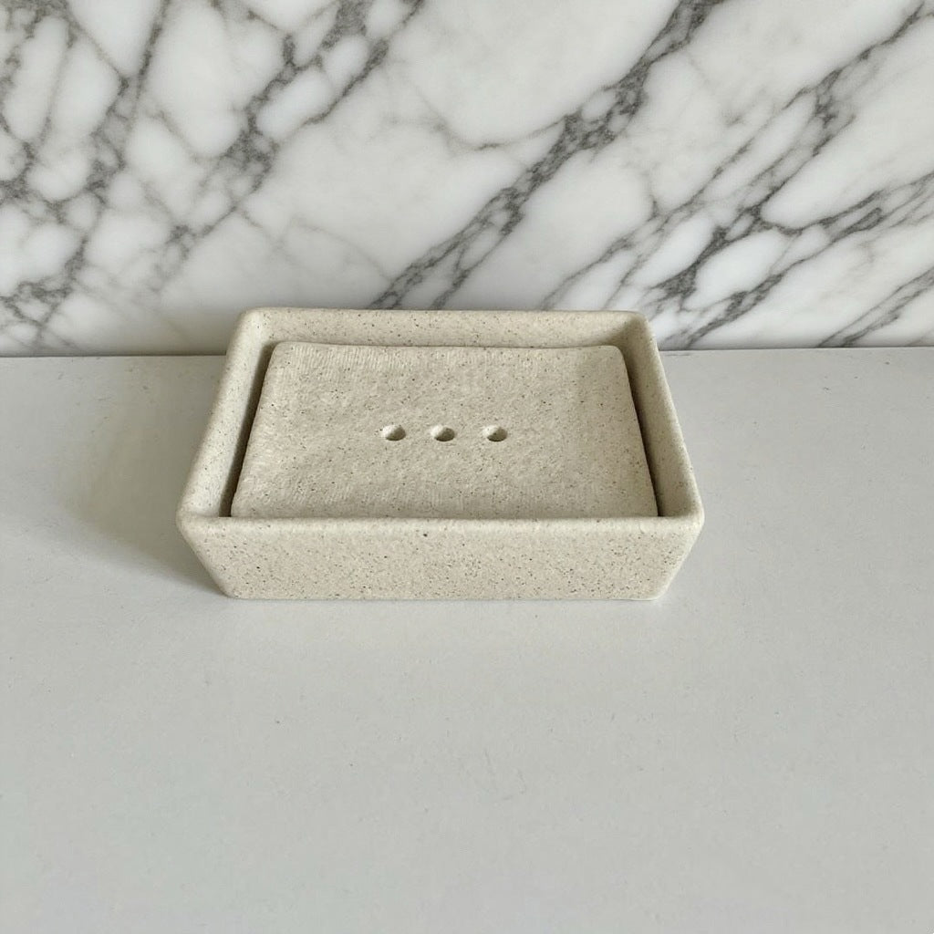 Porte-savon minimaliste en grès crème sable | Plateau drainant 2 pièces