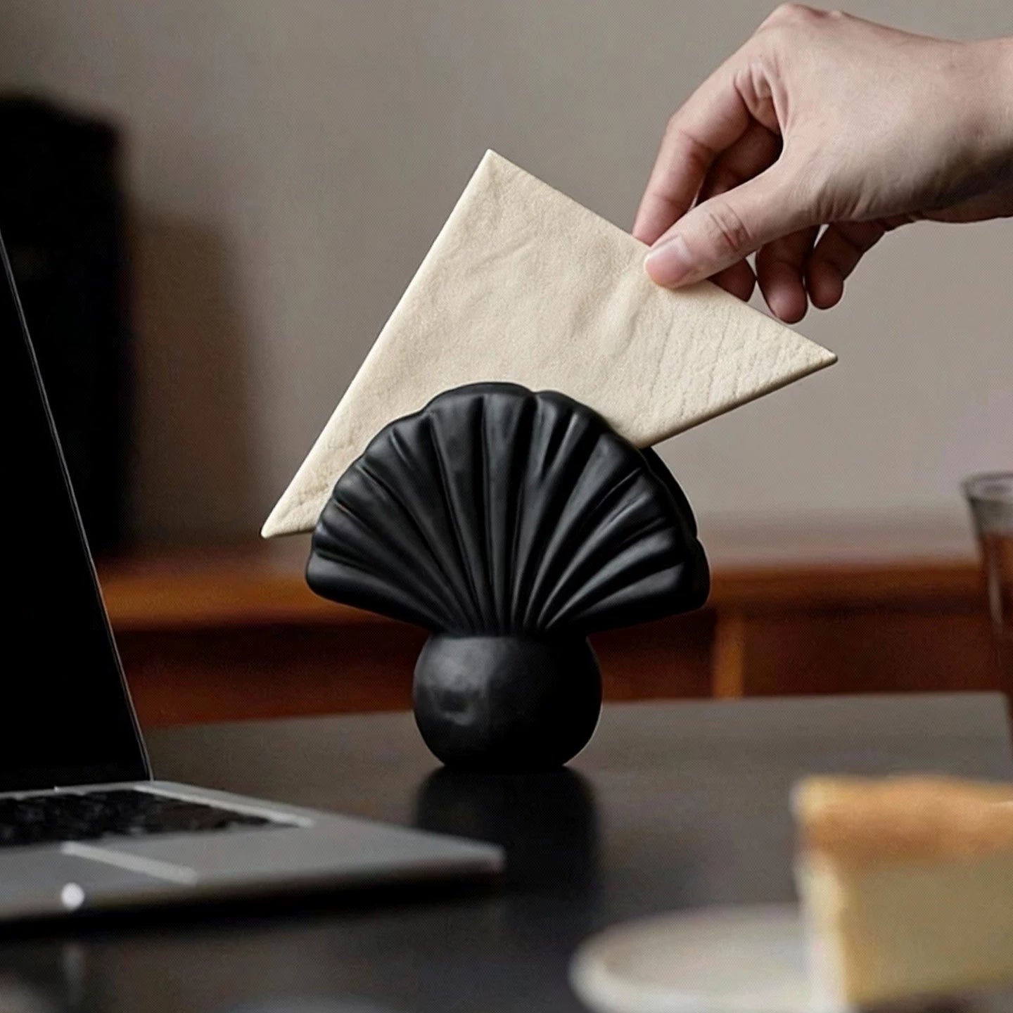 Artisan Scalloped Shell Ceramic Napkin Holder | Sculptural Ocean Decor