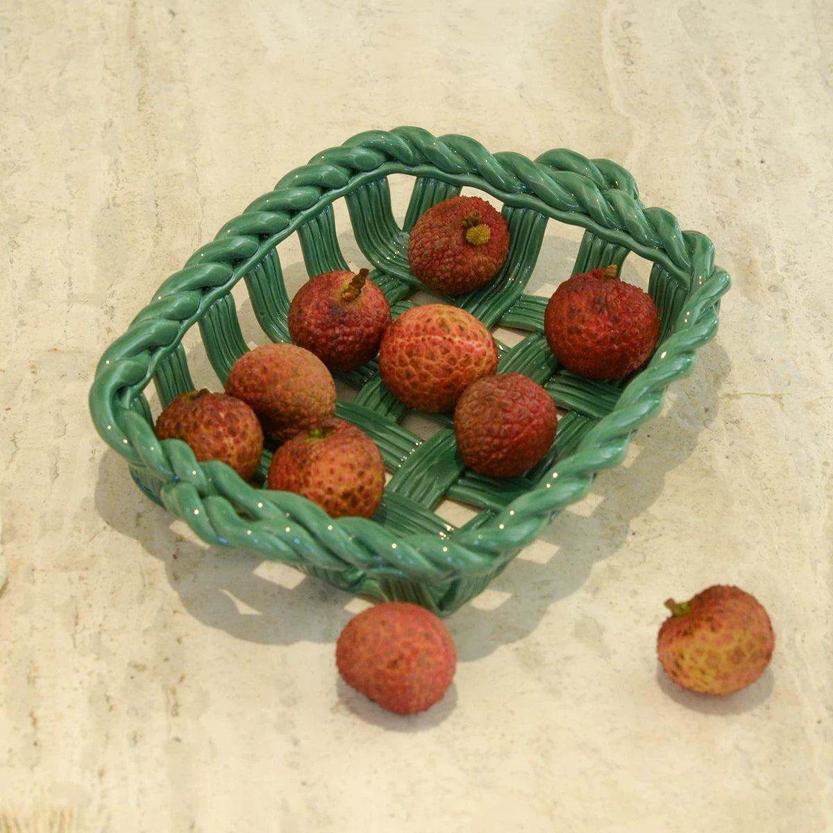 Artisanal Hand-Woven Ceramic Tray | Vintage Sage Green Woven Fruit & Bread Basket