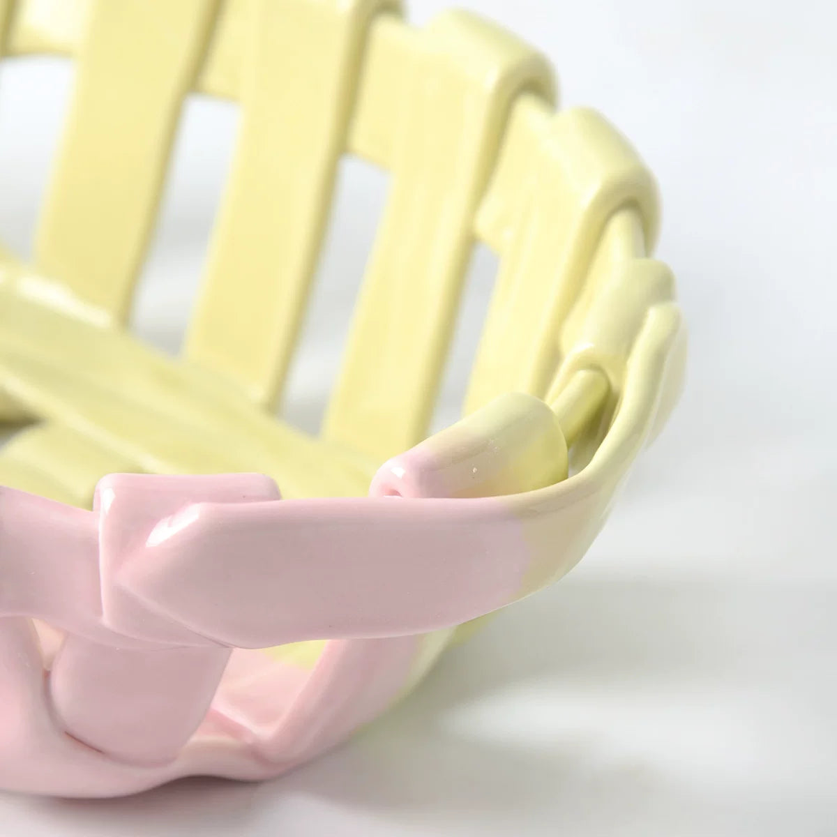 Artisanal Two-Tone Woven Ceramic Basket | Pink & Yellow Gradient Fruit Bowl