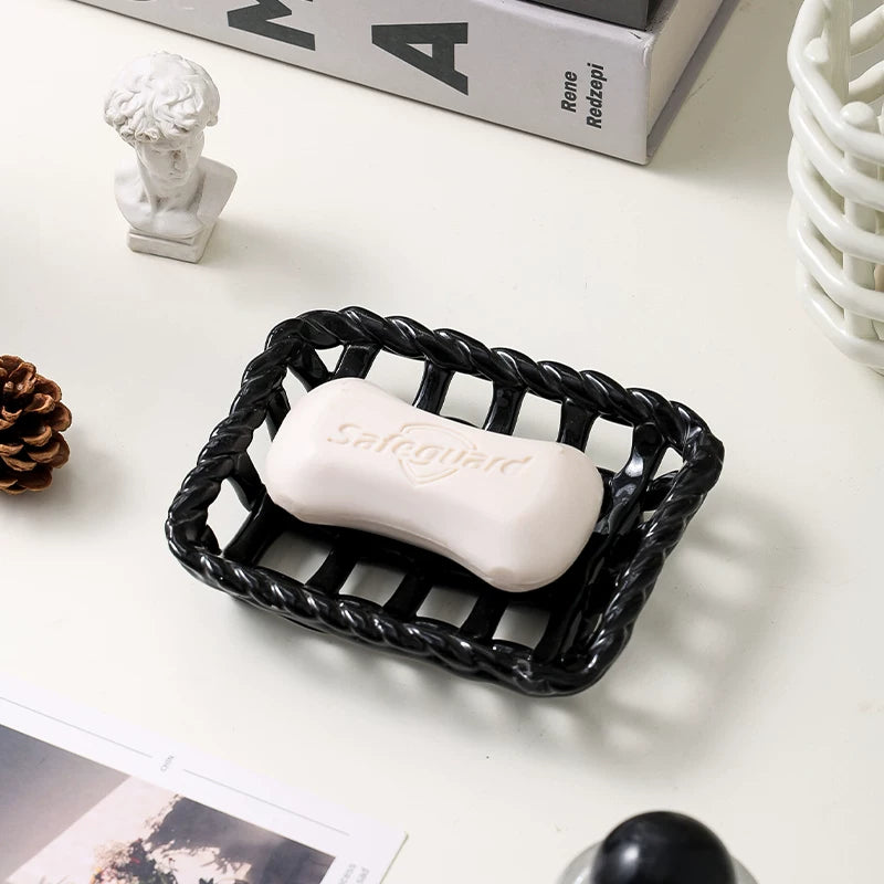 Geflochtener Rand Keramik Seifenkorb | Glänzender gewebter Seifenhalter