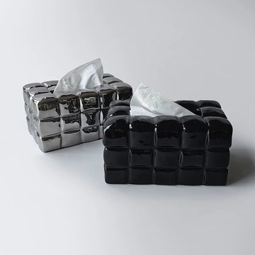 Sculptural Waffle Grid Ceramic Tissue Box | Modern Pop Art Decor