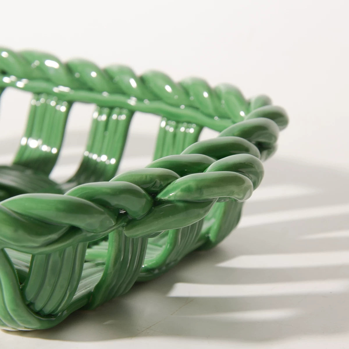Artisanal Hand-Woven Ceramic Tray | Vintage Sage Green Woven Fruit & Bread Basket