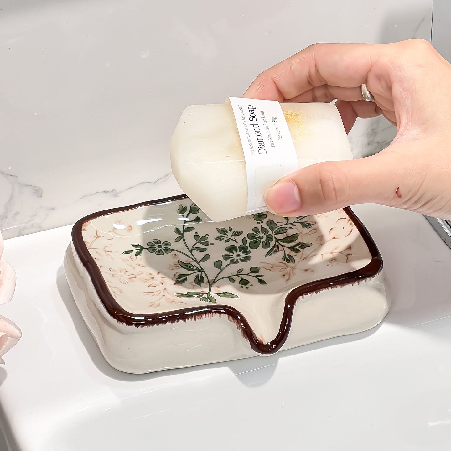 Vintage French Botanical Ceramic Soap Dish | Self-Draining Vanity Tray