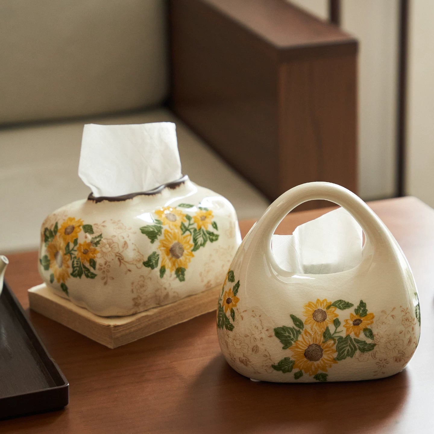 Vintage Sunflower Ceramic Tissue Box Cover | Artisan Crackle Glaze Decor