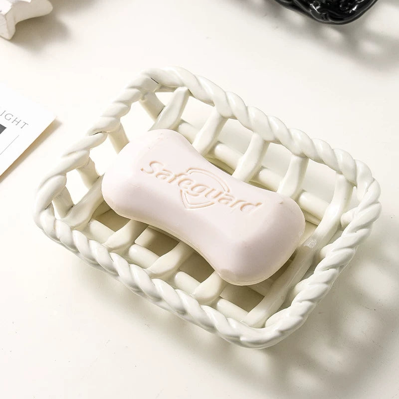 Geflochtener Rand Keramik Seifenkorb | Glänzender gewebter Seifenhalter