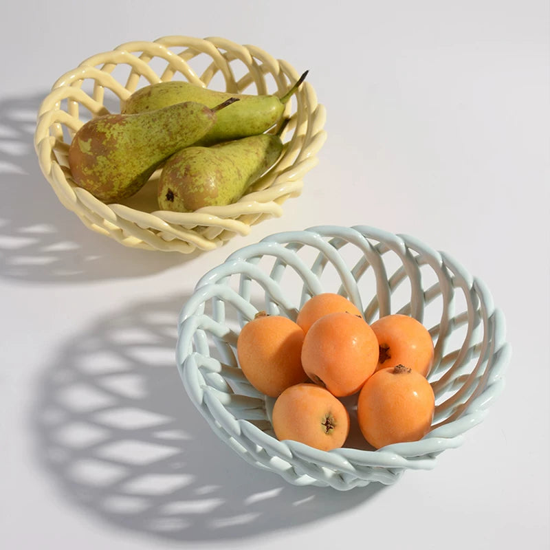 Artisanal Hand-Woven Ceramic Fruit Bowl | Elegant Lattice Centerpiece Basket