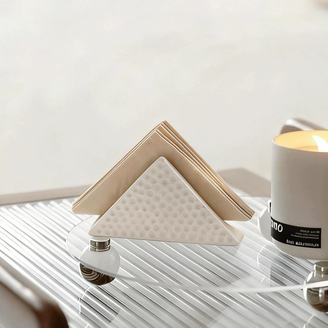 Architectural Geometric Triangular Ceramic Napkin Holder | Modern Hammered Decor