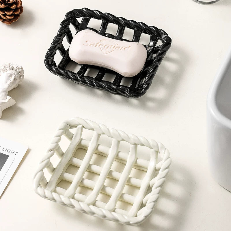 Geflochtener Rand Keramik Seifenkorb | Glänzender gewebter Seifenhalter