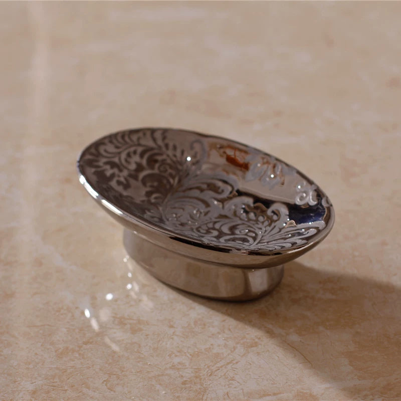 Porte-savon en céramique baroque argenté | Plateau piédestal vintage embossé