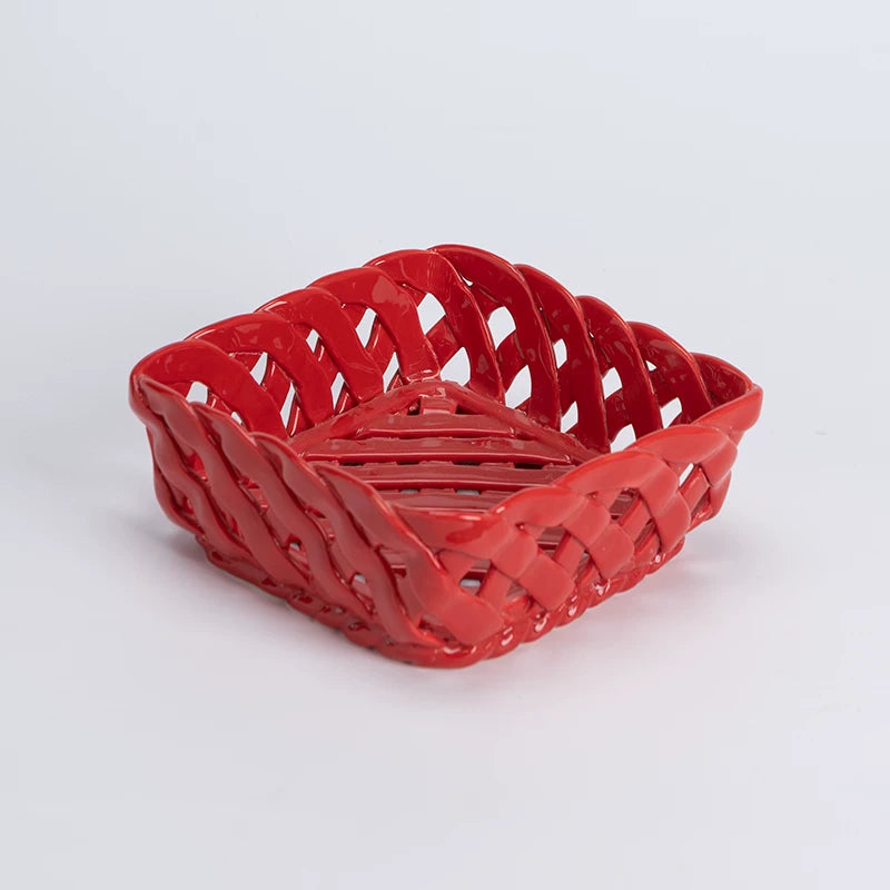 Sculptural Woven Ceramic Square Fruit Basket | Post-Modern Pop Art