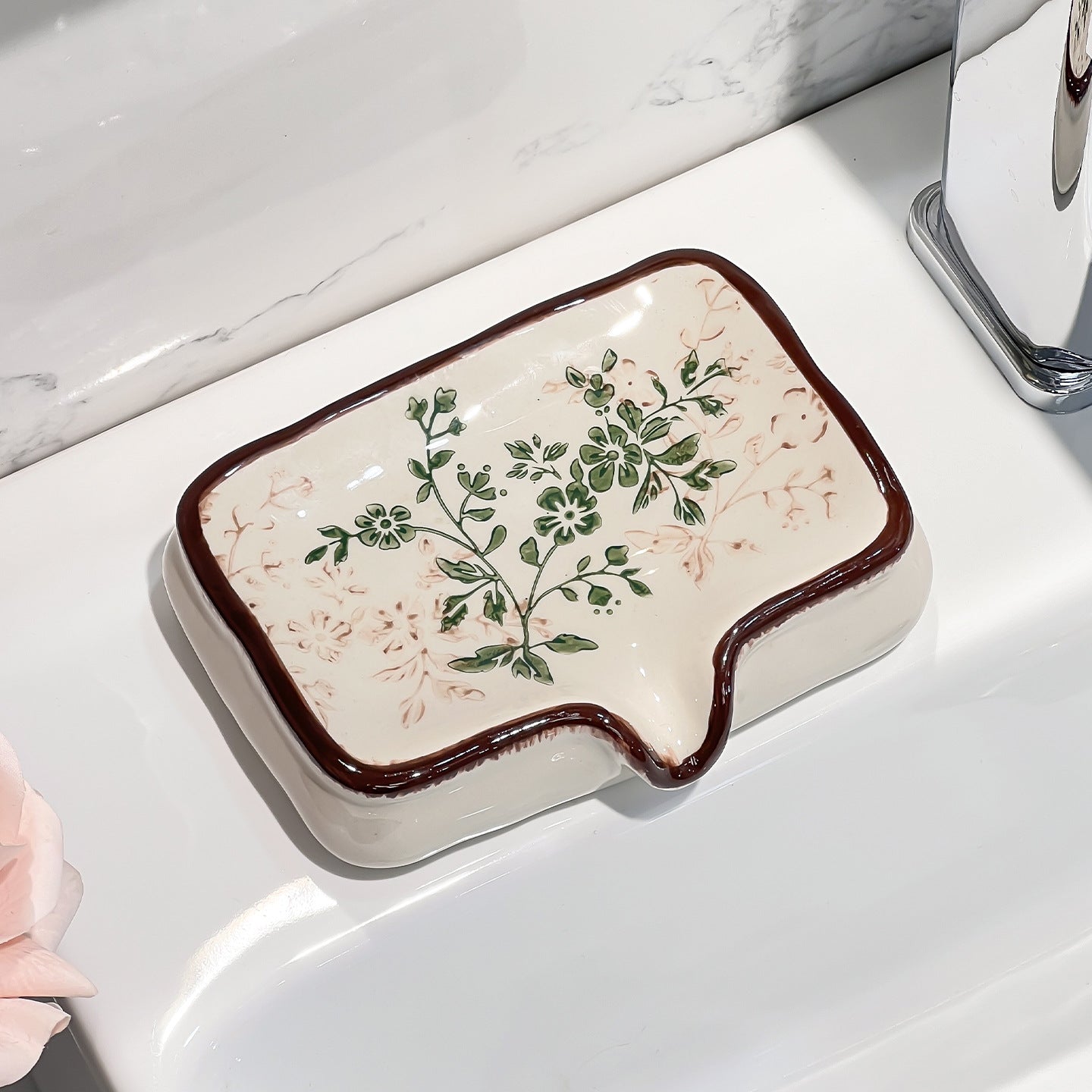 Vintage French Botanical Ceramic Soap Dish | Self-Draining Vanity Tray