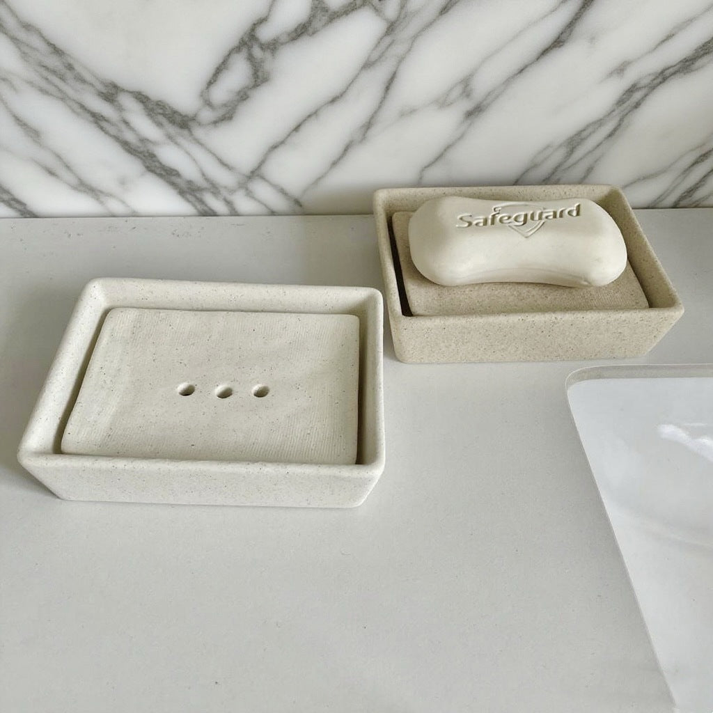 Porte-savon minimaliste en grès crème sable | Plateau drainant 2 pièces