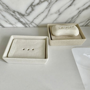 Porte-savon minimaliste en grès crème sable | Plateau drainant 2 pièces