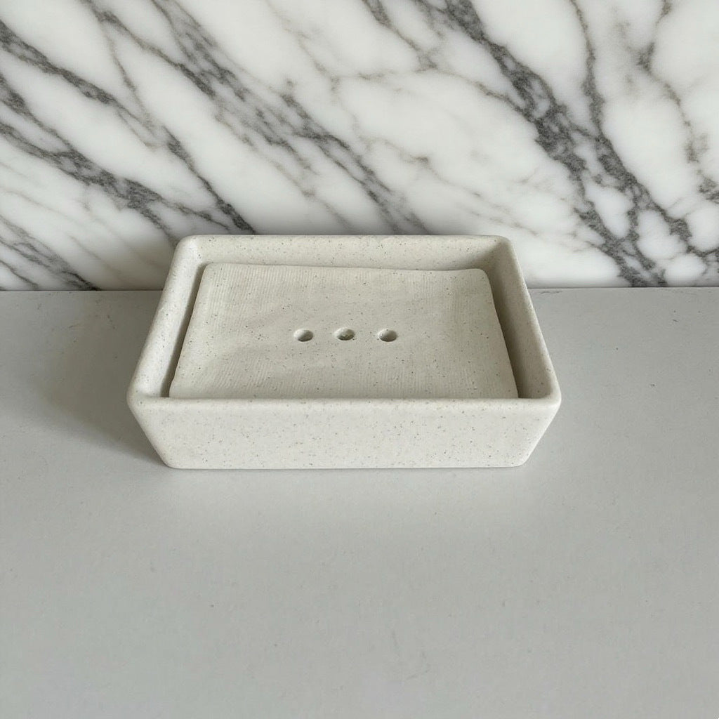 Porte-savon minimaliste en grès crème sable | Plateau drainant 2 pièces